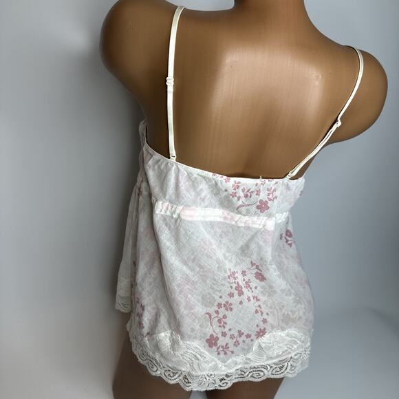 Lindex Lace Trim Floral Camisole White Pink Bow Coquette Ballet Cottage S/M - Picture 2 of 11